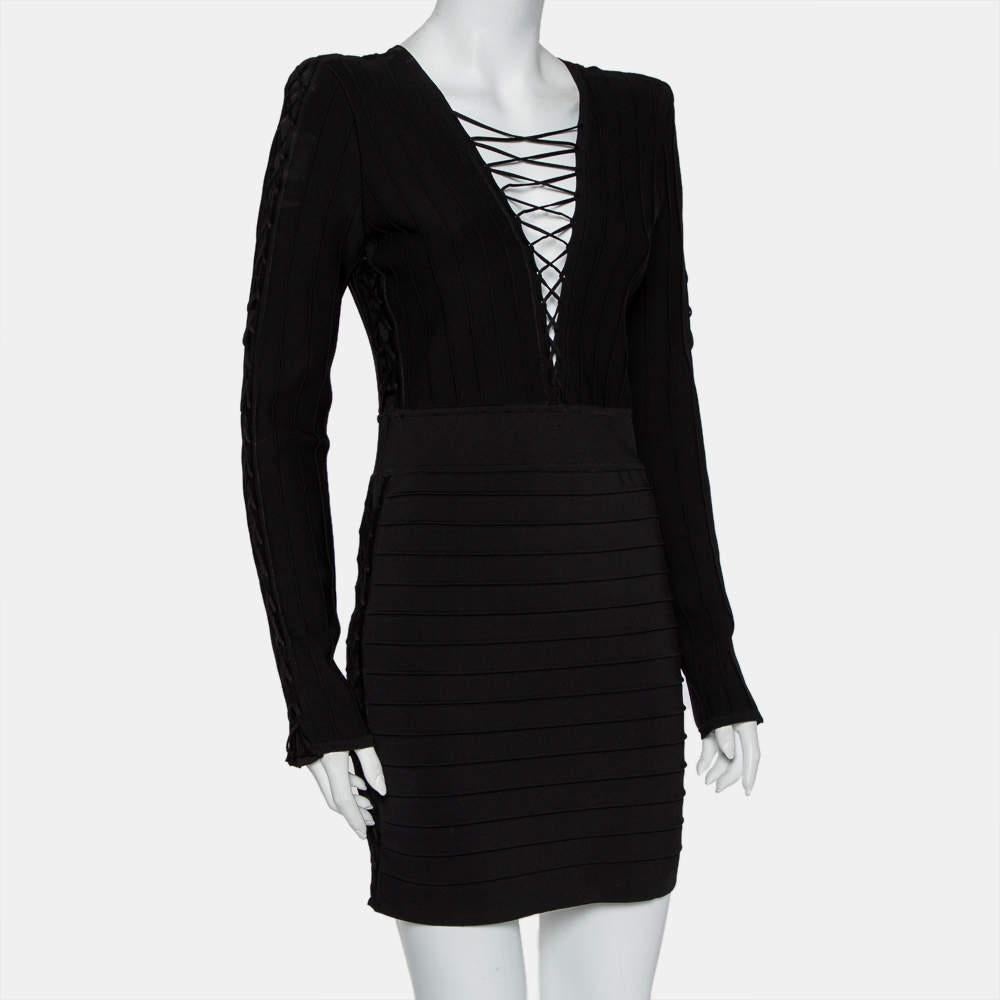 Balmain Black Knit Lace Up Detail Mini Dress M In Excellent Condition For Sale In Dubai, Al Qouz 2
