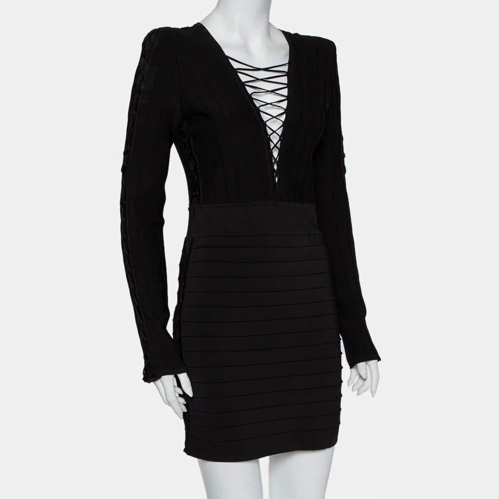 Balmain Black Knit Lace Up Detail Mini Dress M In Good Condition In Dubai, Al Qouz 2