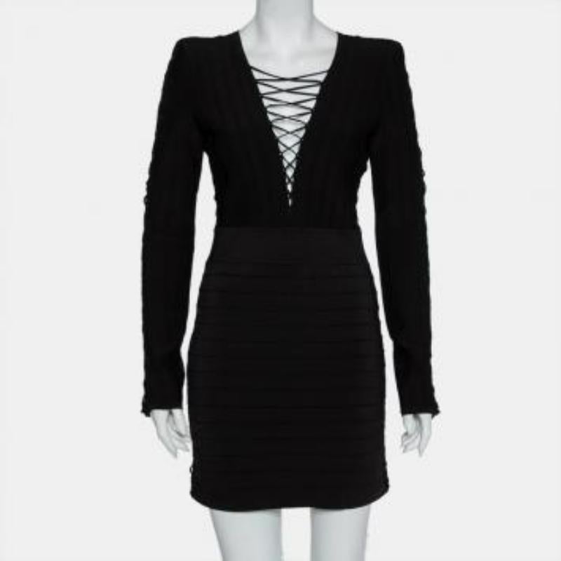 Balmain Black Knit Lace Up Detail Mini Dress M For Sale 3