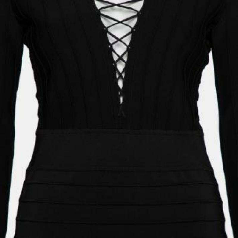 Balmain Black Knit Lace Up Detail Mini Dress M For Sale 4