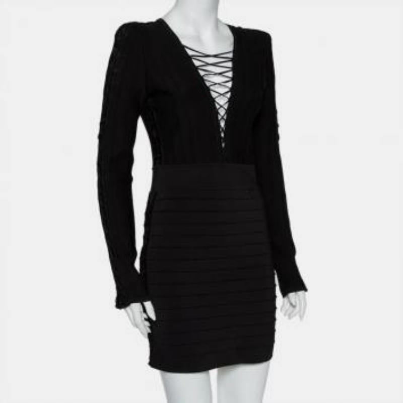 Balmain Black Knit Lace Up Detail Mini Dress M For Sale 5