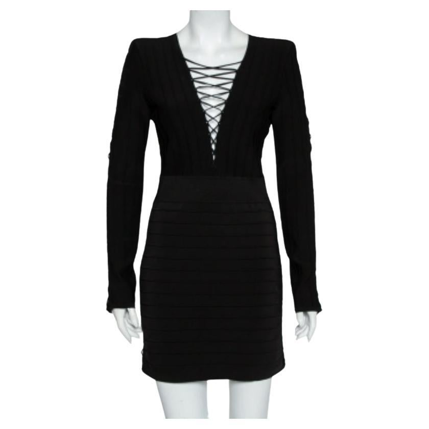 Balmain Black Knit Lace Up Detail Mini Dress M For Sale