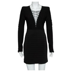Balmain Black Knit Lace Up Detail Mini Dress M