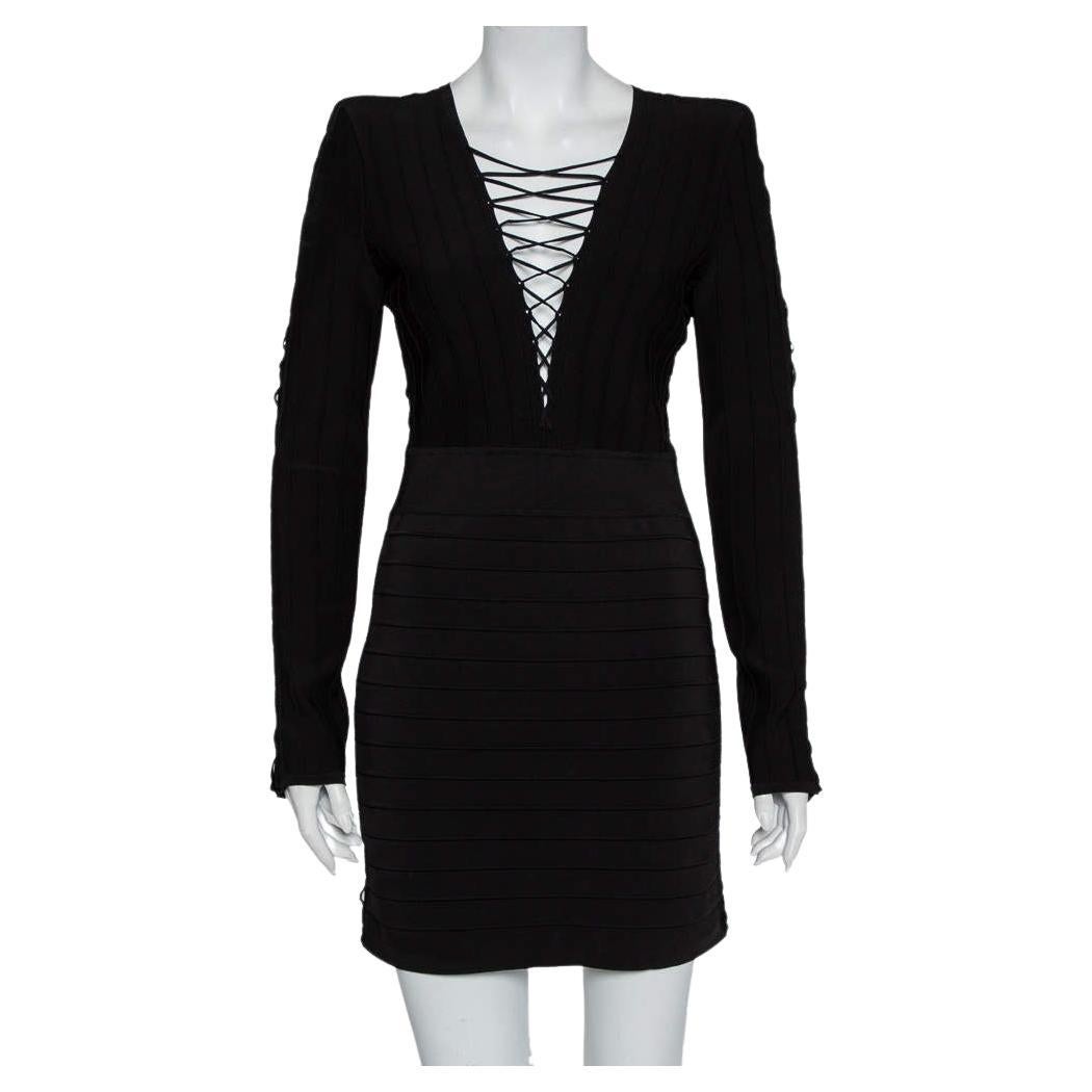 Balmain Black Knit Lace Up Detail Mini Dress M For Sale