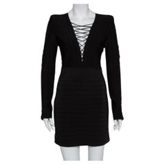Balmain Black Knit Lace Up Detail Mini Dress M