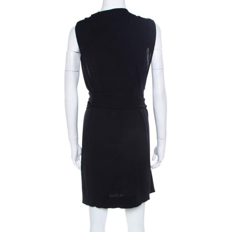 Balmain Black Knit Wool Chainmail Paneled Faux Wrap Mini Dress M In Good Condition For Sale In Dubai, Al Qouz 2