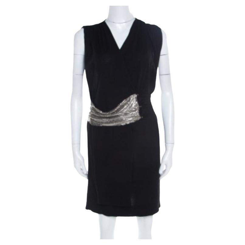 Balmain - Mini abito in maglia di lana nera con pannelli in maglia a catena - M. I. in vendita