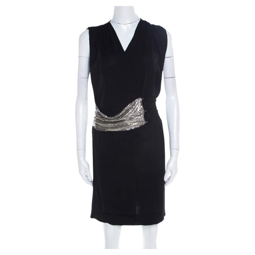 Balmain Black Knit Wool Chainmail Paneled Faux Wrap Mini Dress M For Sale