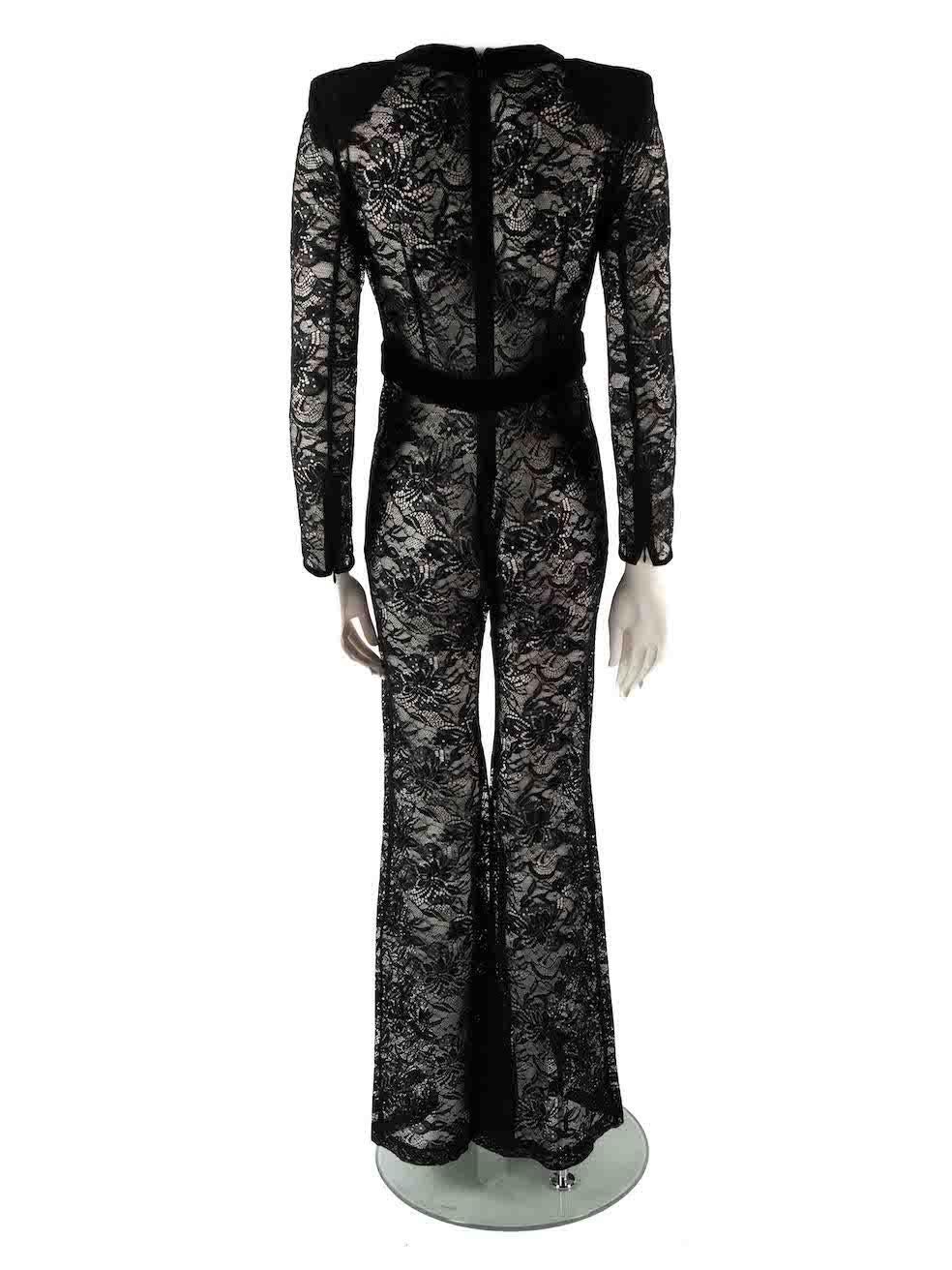 Balmain Black Lace Velvet Trimmed Jumpsuit Size M In Good Condition For Sale In London, GB