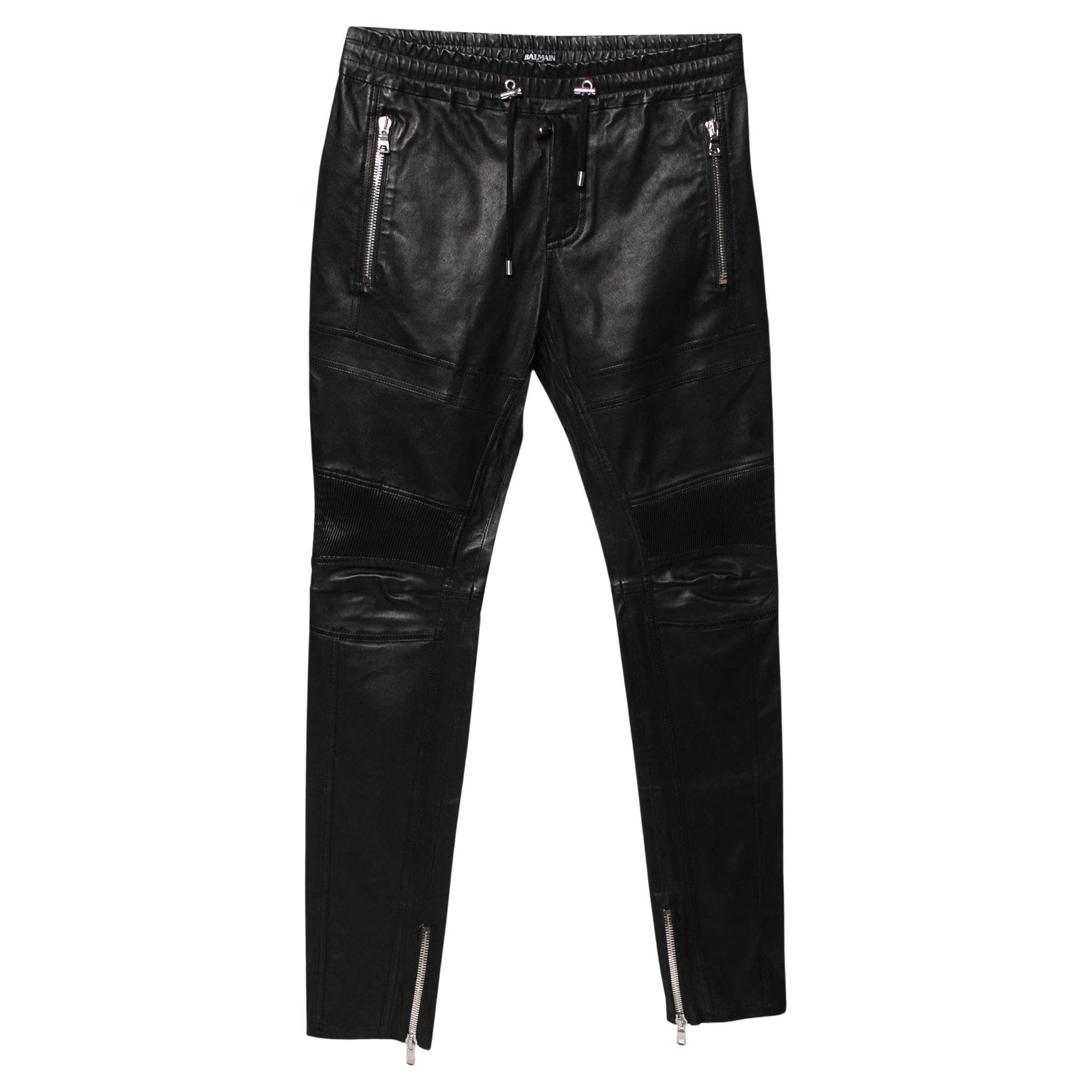 Balmain Black Lamb Leather Biker Trousers L For Sale