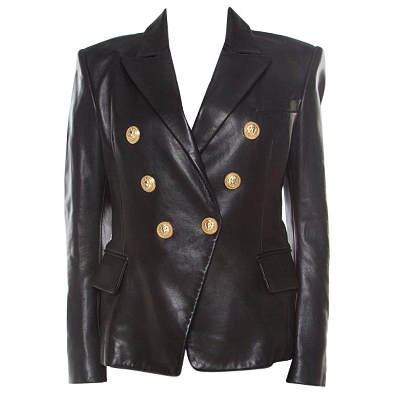 Balmain Black Lamb Leather Gold Button Detail Double Breasted Jacket M