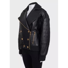 Balmain Black Lamb Leather Jacket with Gold-Tone Buttons, Size FR 36