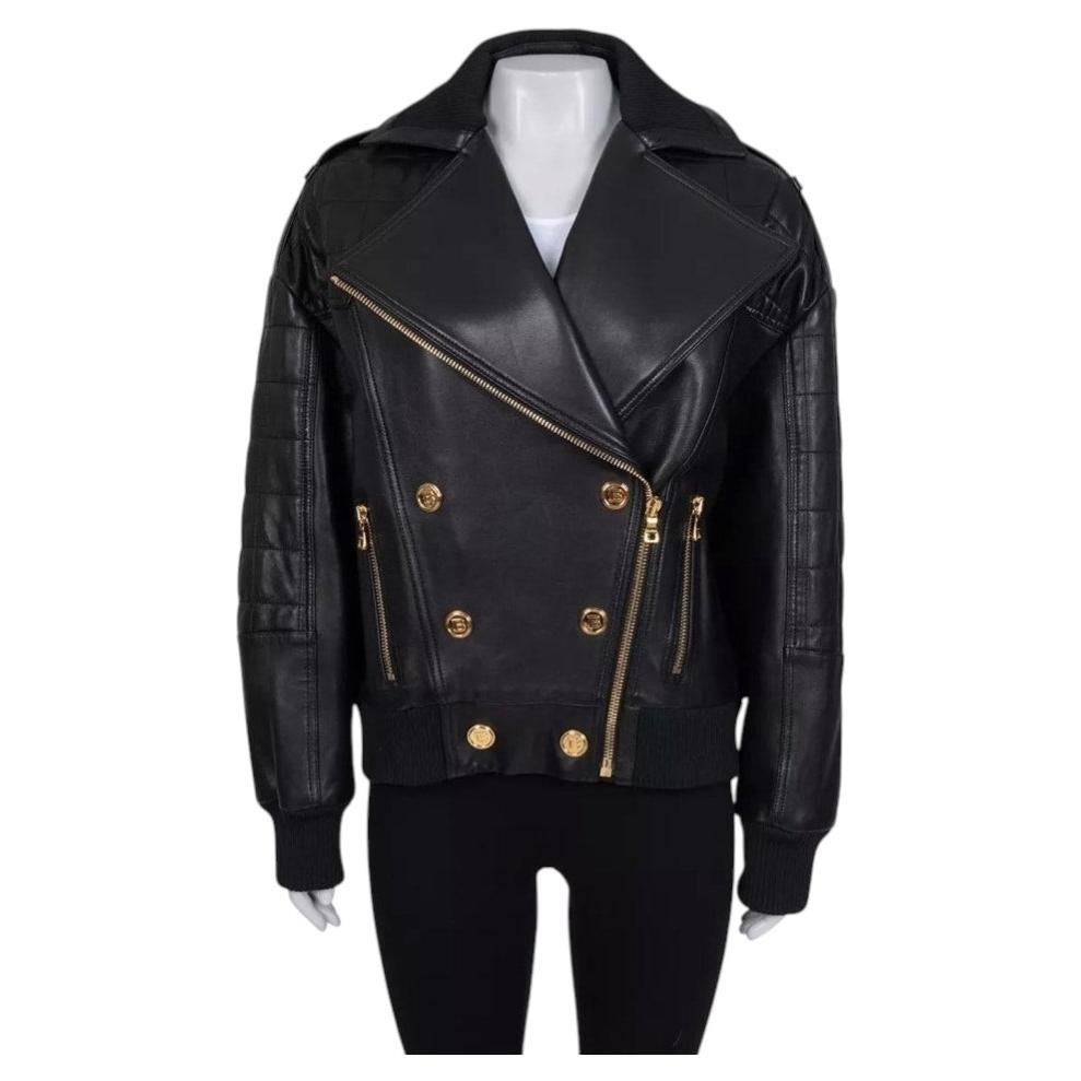 Giacca Balmain in pelle di agnello nera con bottoni color oro, taglia FR 36 in vendita