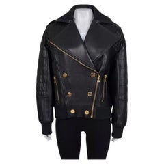 Giacca Balmain in pelle di agnello nera con bottoni color oro, taglia FR 36