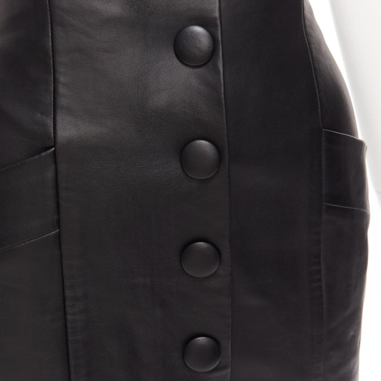 BALMAIN black lambskin leather button front high waisted mini skirt FR34 XS
Reference: AAWC/A00956
Brand: Balmain
Designer: Olivier Rousteing
Material: Lambskin Leather
Color: Black
Pattern: Solid
Closure: Zip
Lining: Black Fabric
Extra Details: