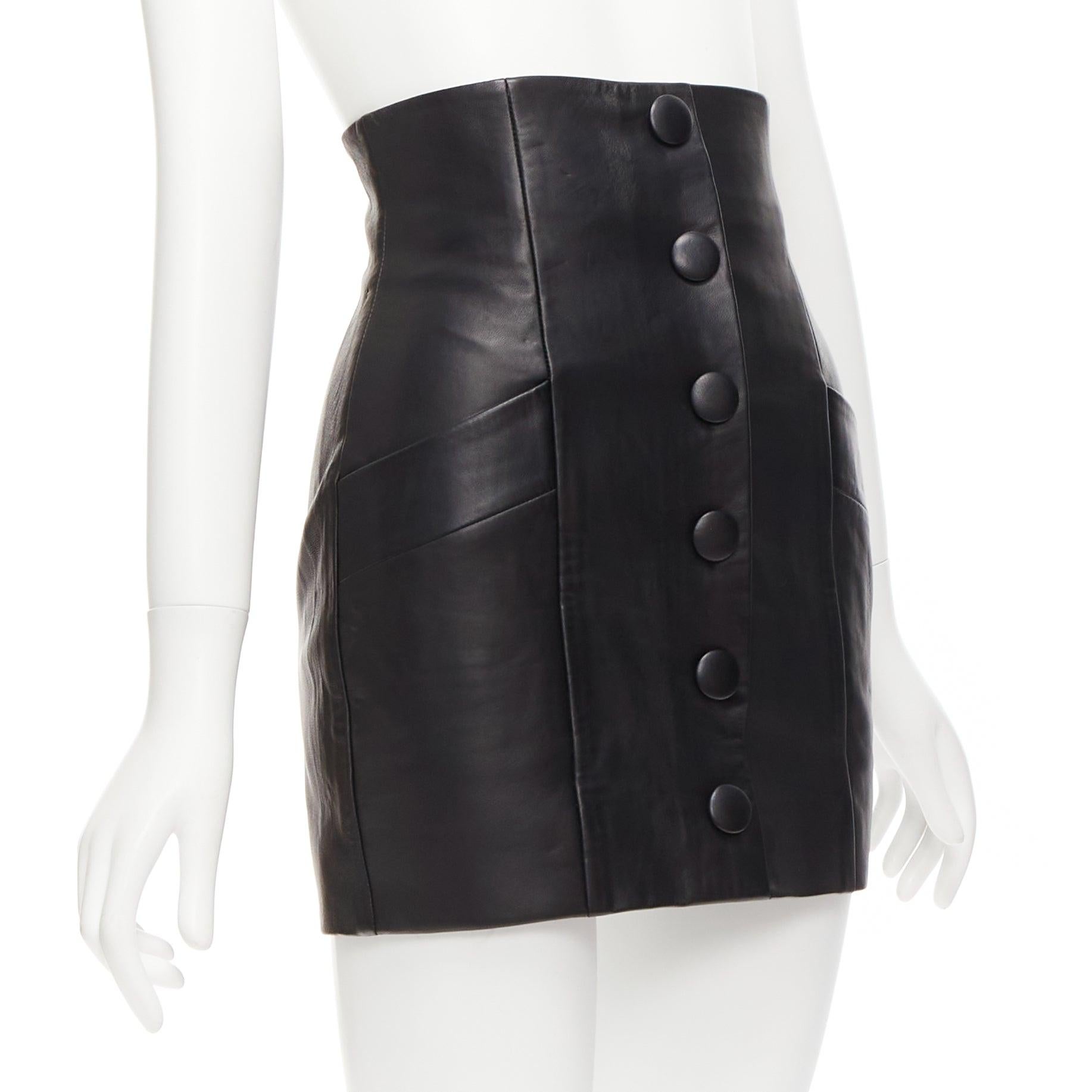 BALMAIN black lambskin leather button front high waisted mini skirt FR34 XS In Good Condition For Sale In Hong Kong, NT