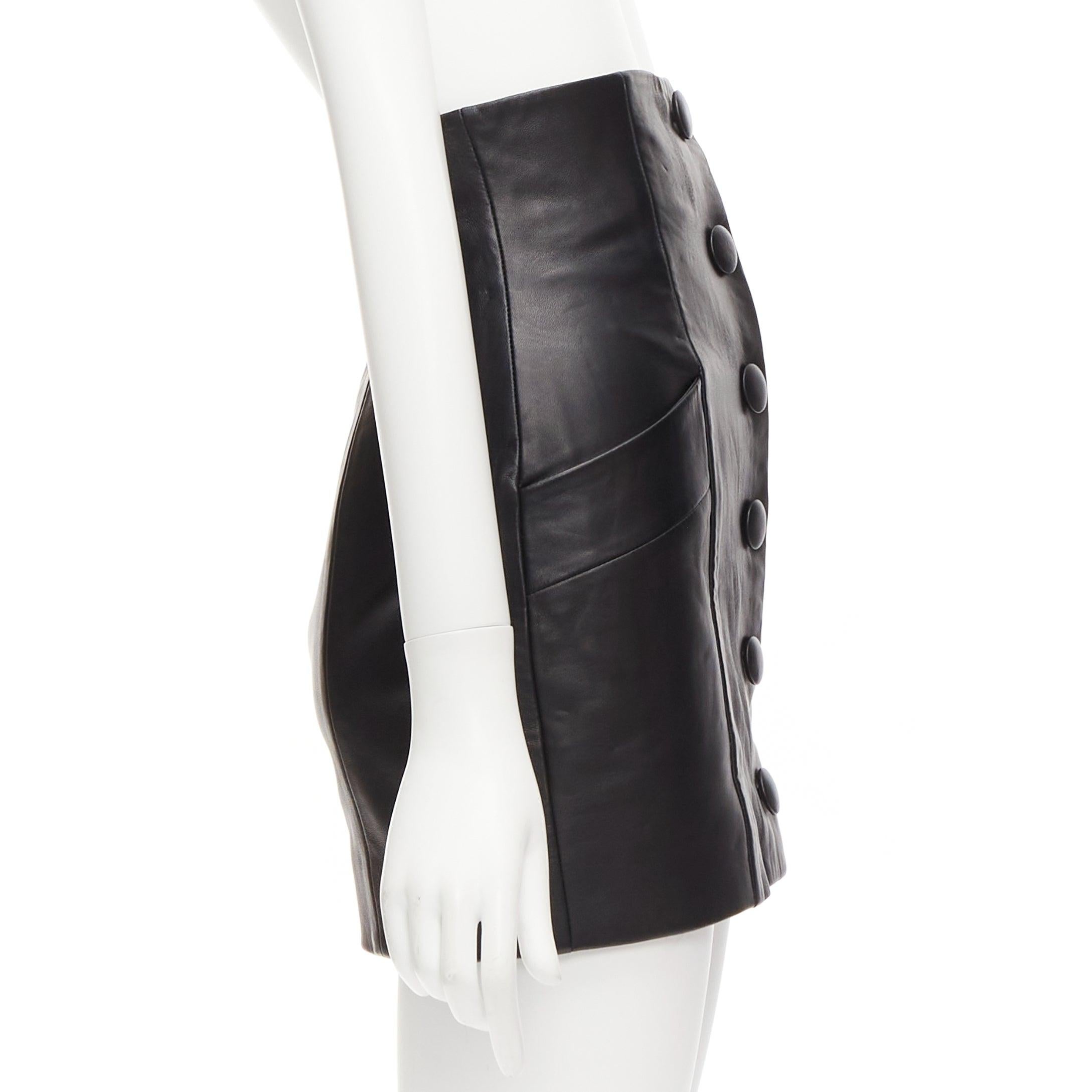 Women's BALMAIN black lambskin leather button front high waisted mini skirt FR34 XS For Sale