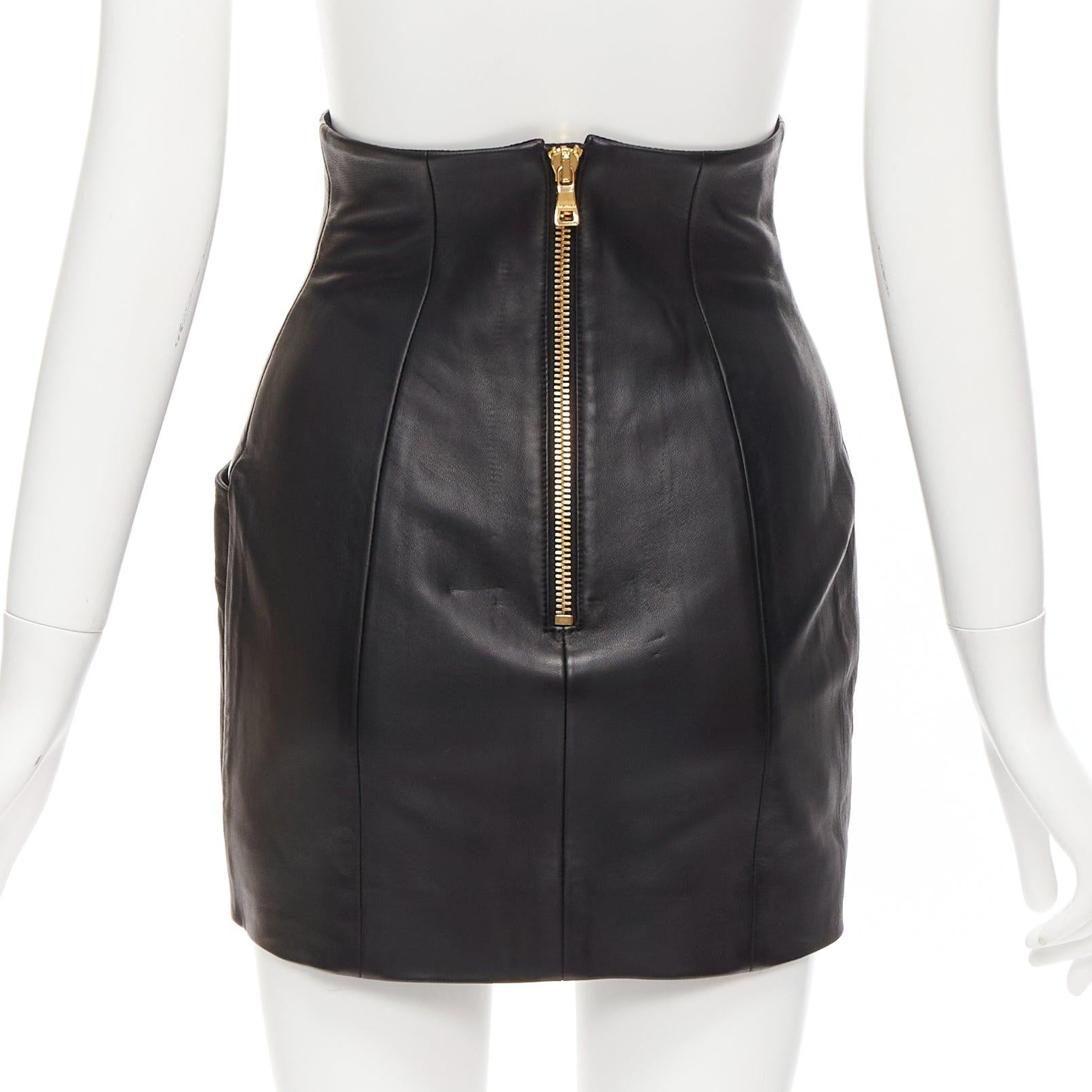 Women's BALMAIN black lambskin leather button front high waisted mini skirt FR34 XS