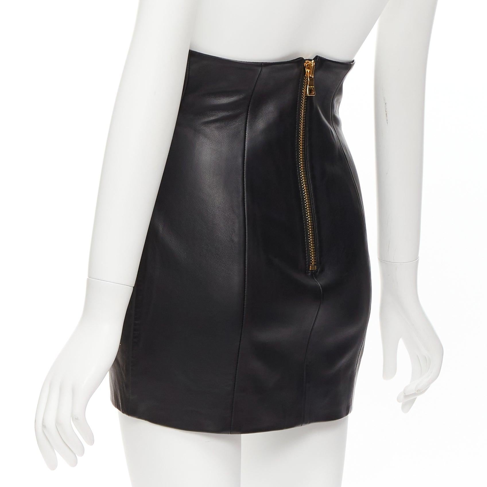 BALMAIN black lambskin leather button front high waisted mini skirt FR34 XS 1