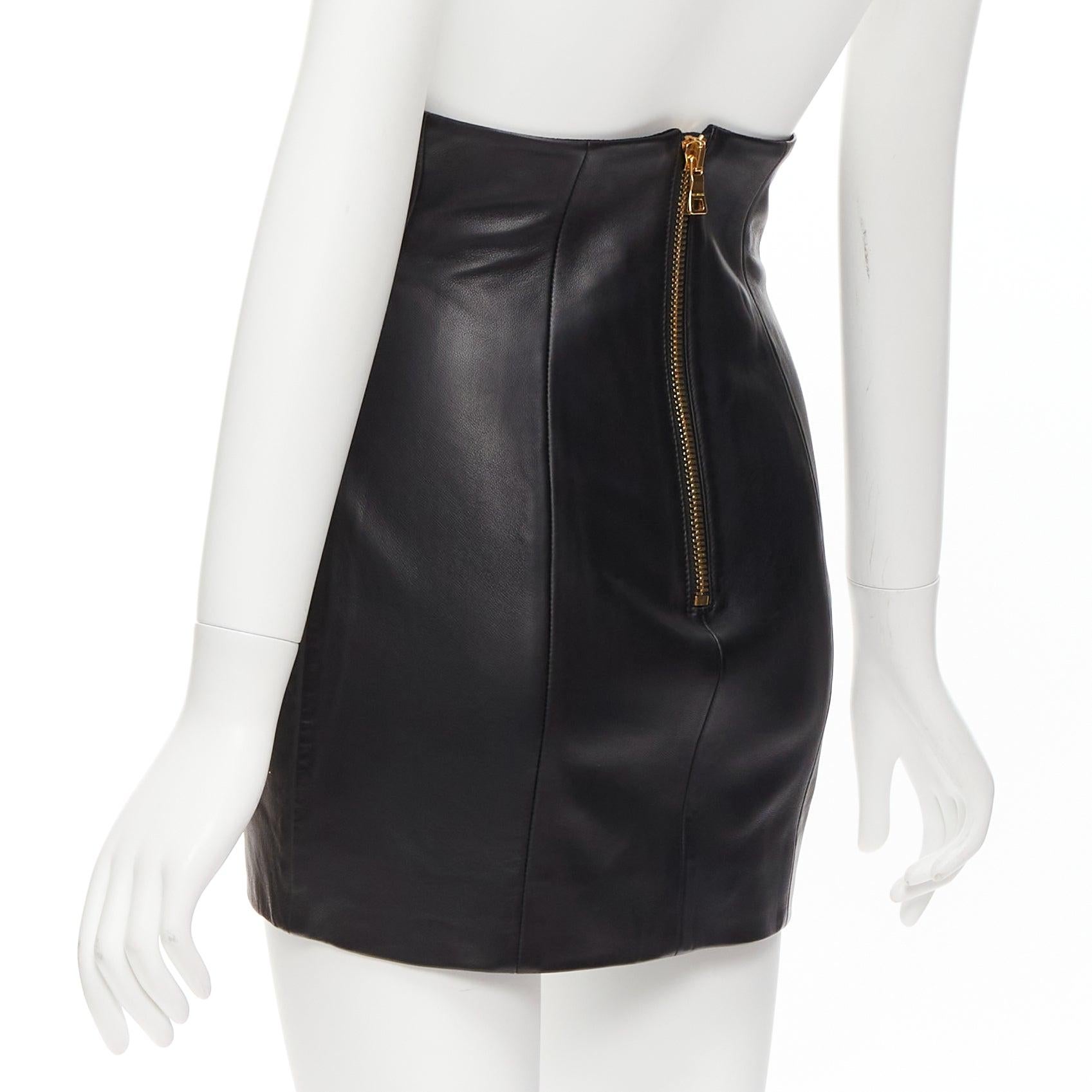 BALMAIN black lambskin leather button front high waisted mini skirt FR34 XS For Sale 2