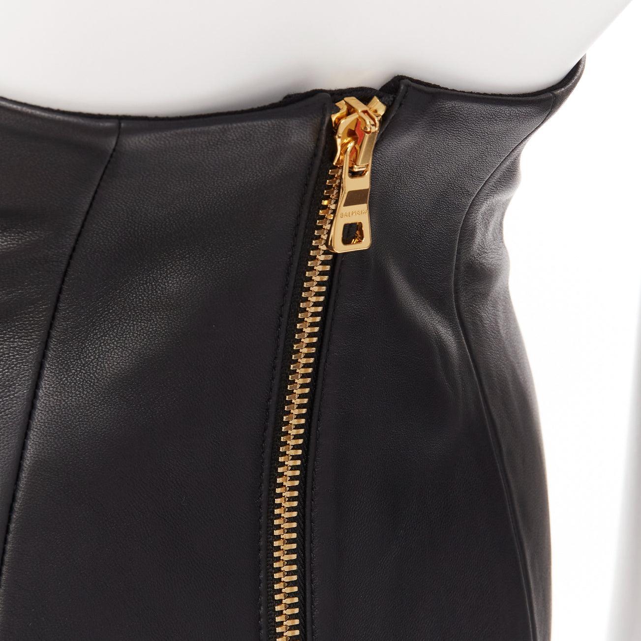 BALMAIN black lambskin leather button front high waisted mini skirt FR34 XS 2