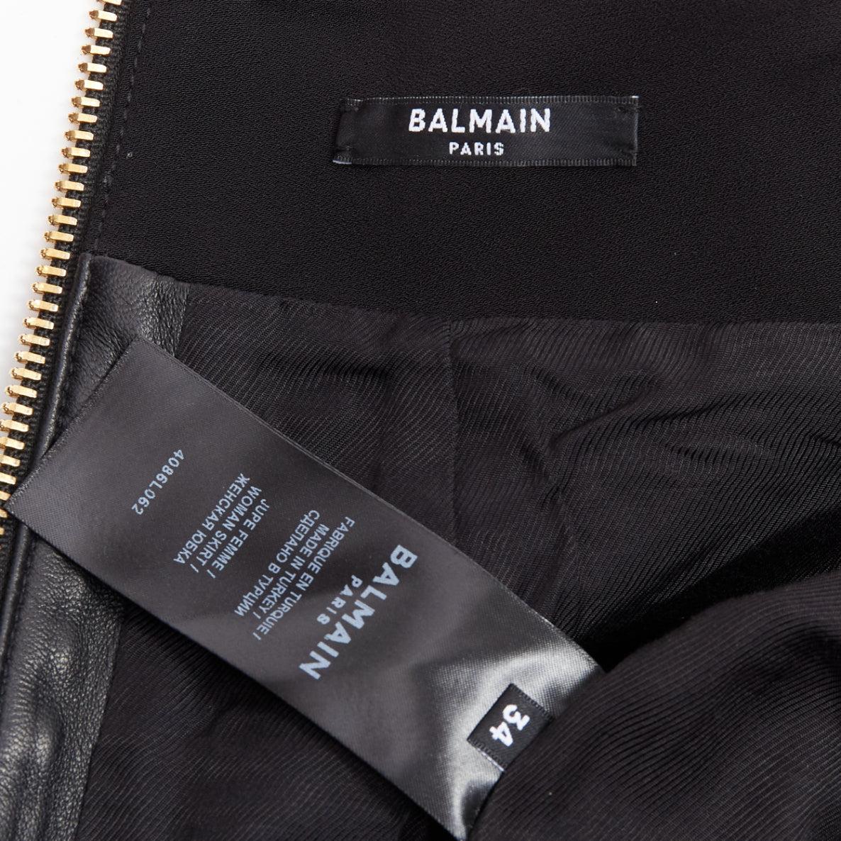 BALMAIN black lambskin leather button front high waisted mini skirt FR34 XS 3
