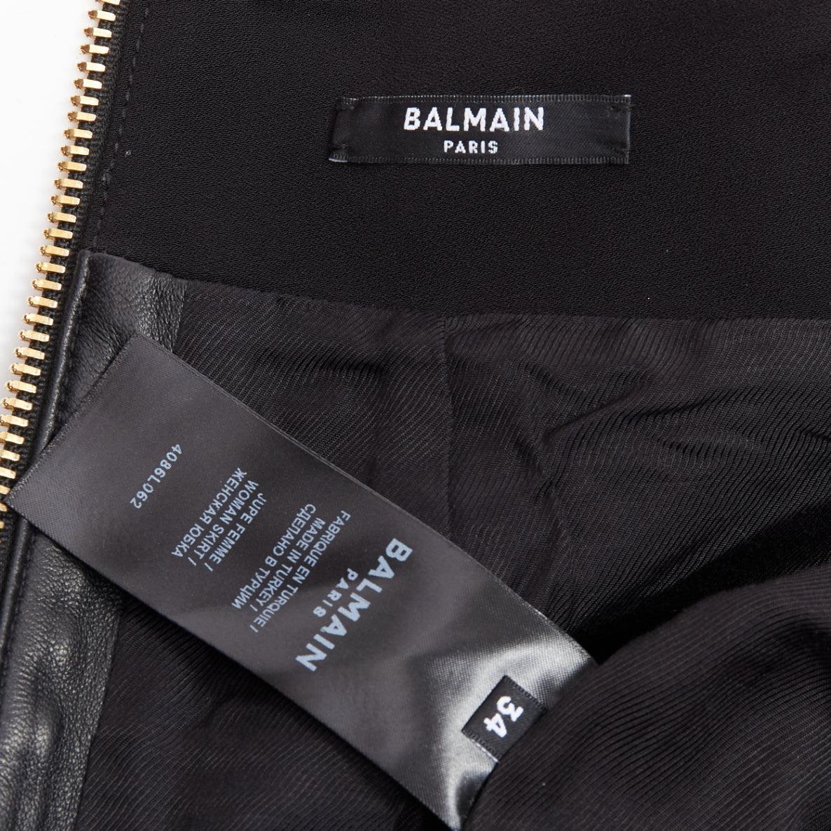 BALMAIN black lambskin leather button front high waisted mini skirt FR34 XS For Sale 4