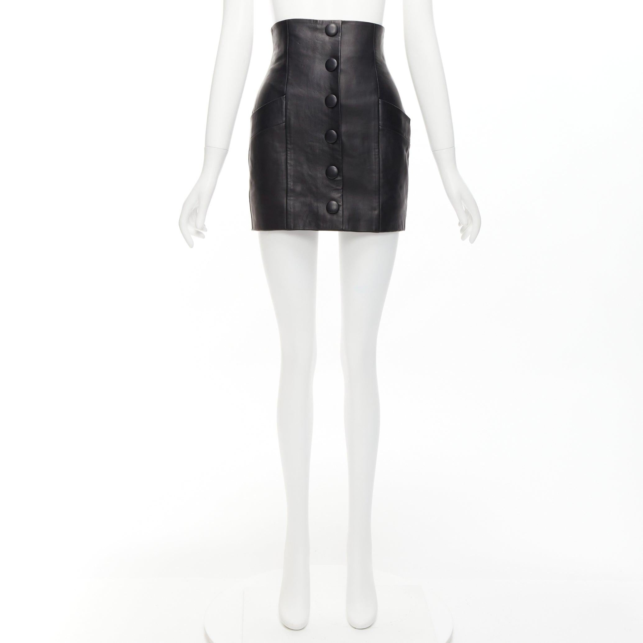 BALMAIN black lambskin leather button front high waisted mini skirt FR34 XS For Sale 5