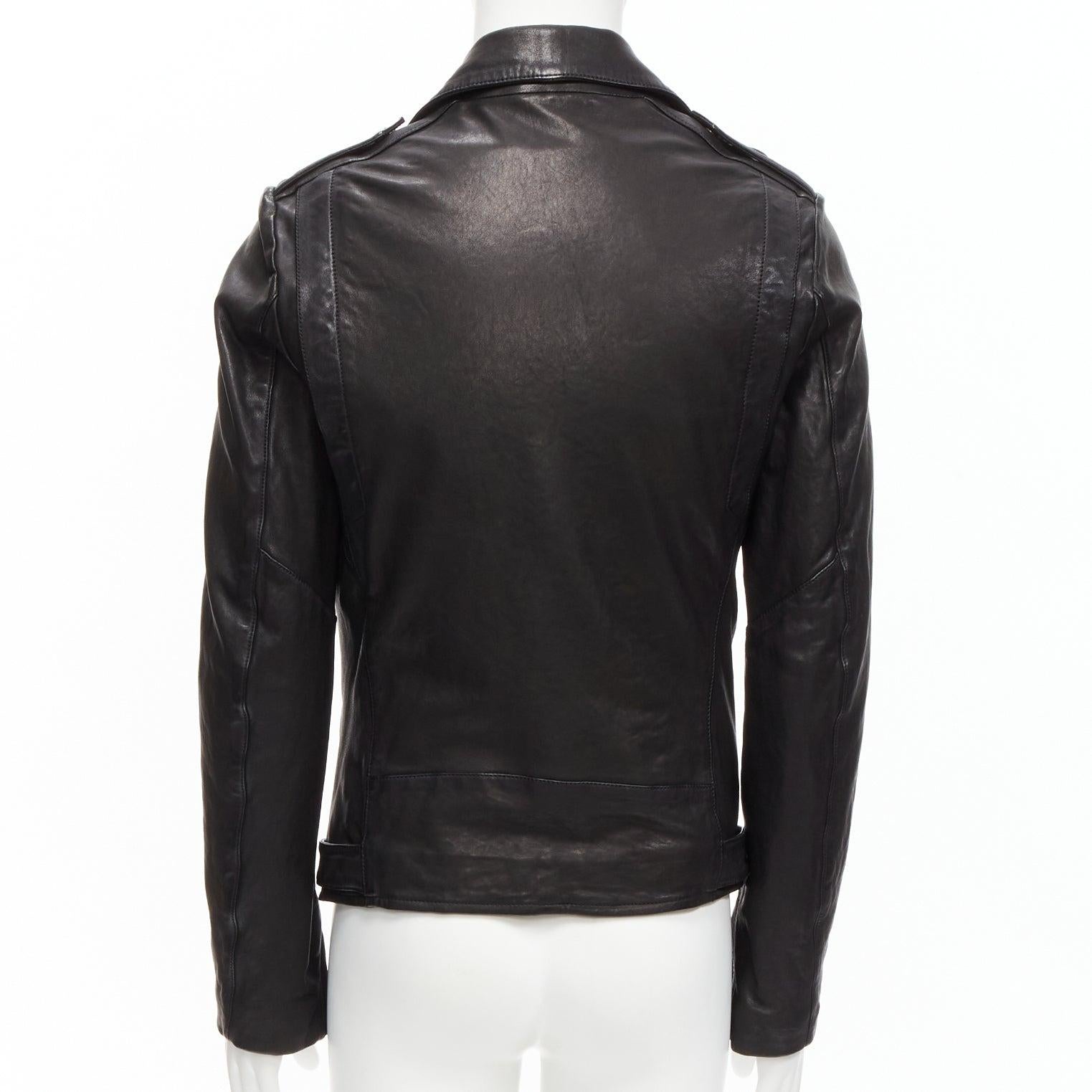 BALMAIN veste moto biker classique en cuir d'agneau noir avec zip argenté EU48 M en vente 1