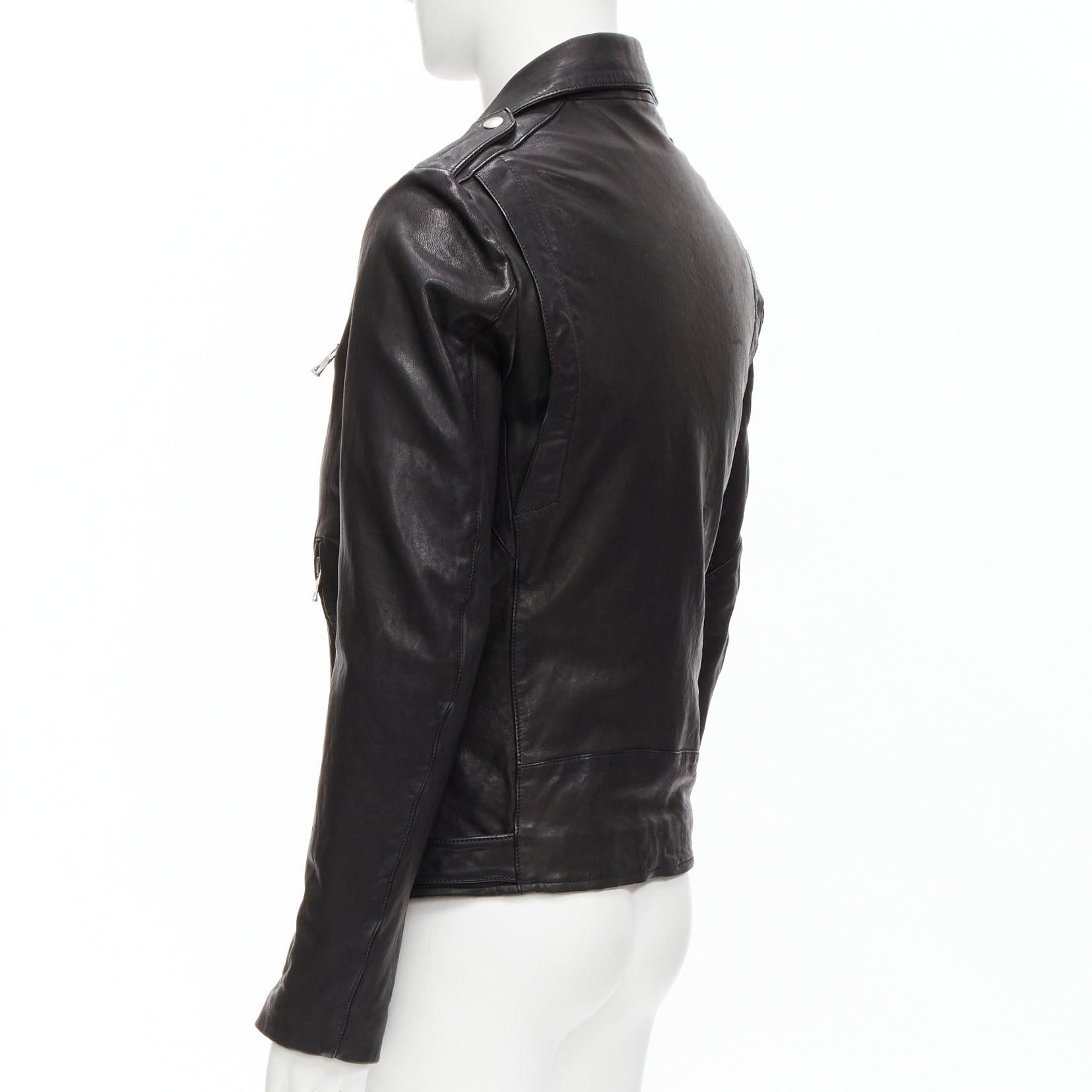 BALMAIN veste moto biker classique en cuir d'agneau noir avec zip argenté EU48 M en vente 2