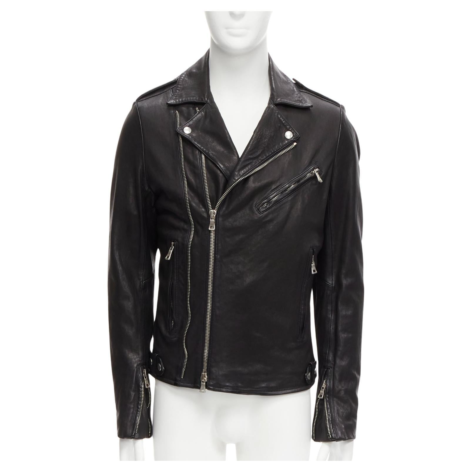 BALMAIN veste moto biker classique en cuir d'agneau noir avec zip argenté EU48 M en vente