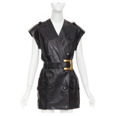 BALMAIN Schwarzes Lammleder-Kleid mit XL-Gürtelschnalle in Gold, FR34, XXS