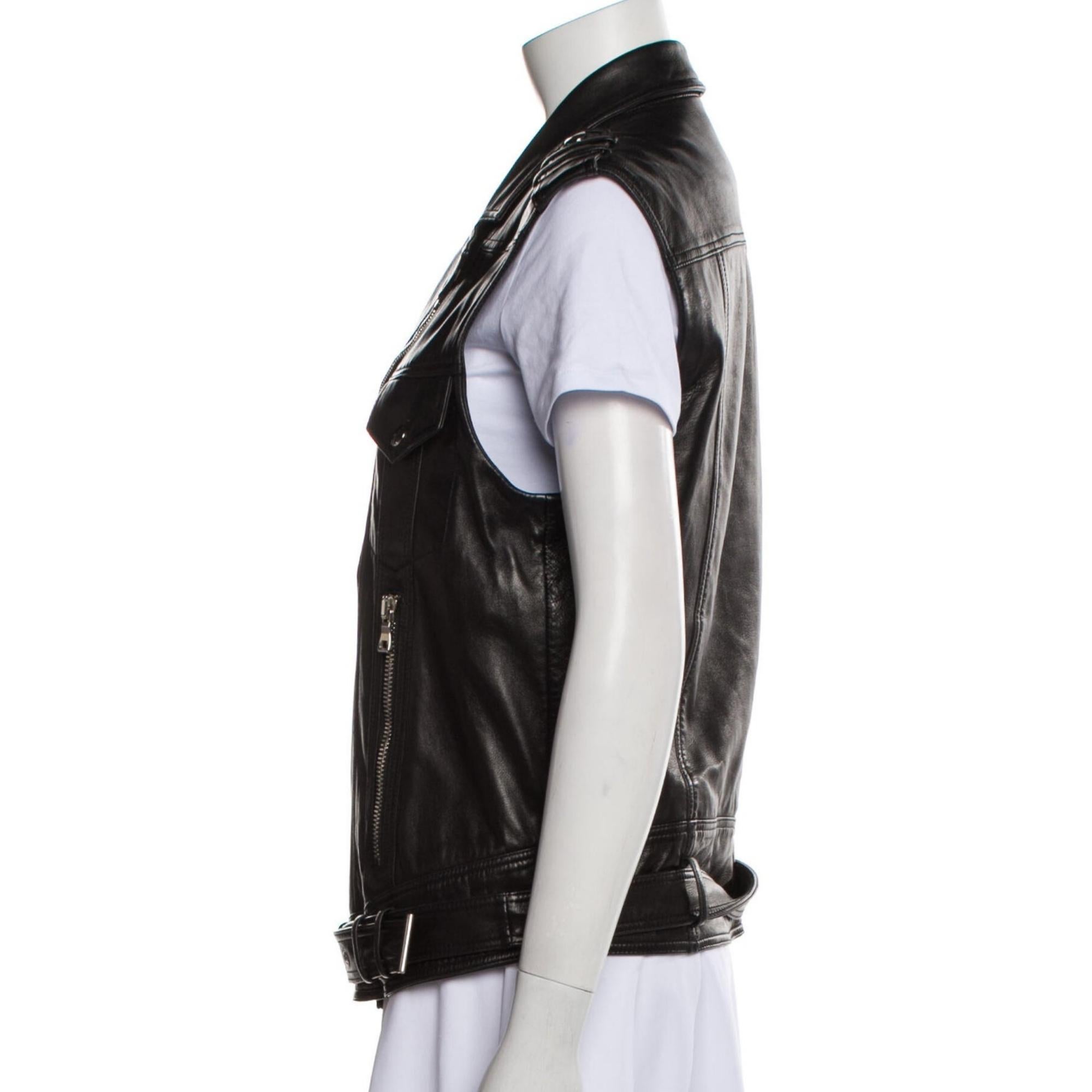 Balmain sleeveless biker-inspired jacket vest. Pointed collar. Made in Turkey with 100% lambskin. Two front buttoned pockets, two zipped pockets also at the front. Zipped closure, inside pockets as well. 

COLOR: Black 
MATERIAL: Lambskin leather