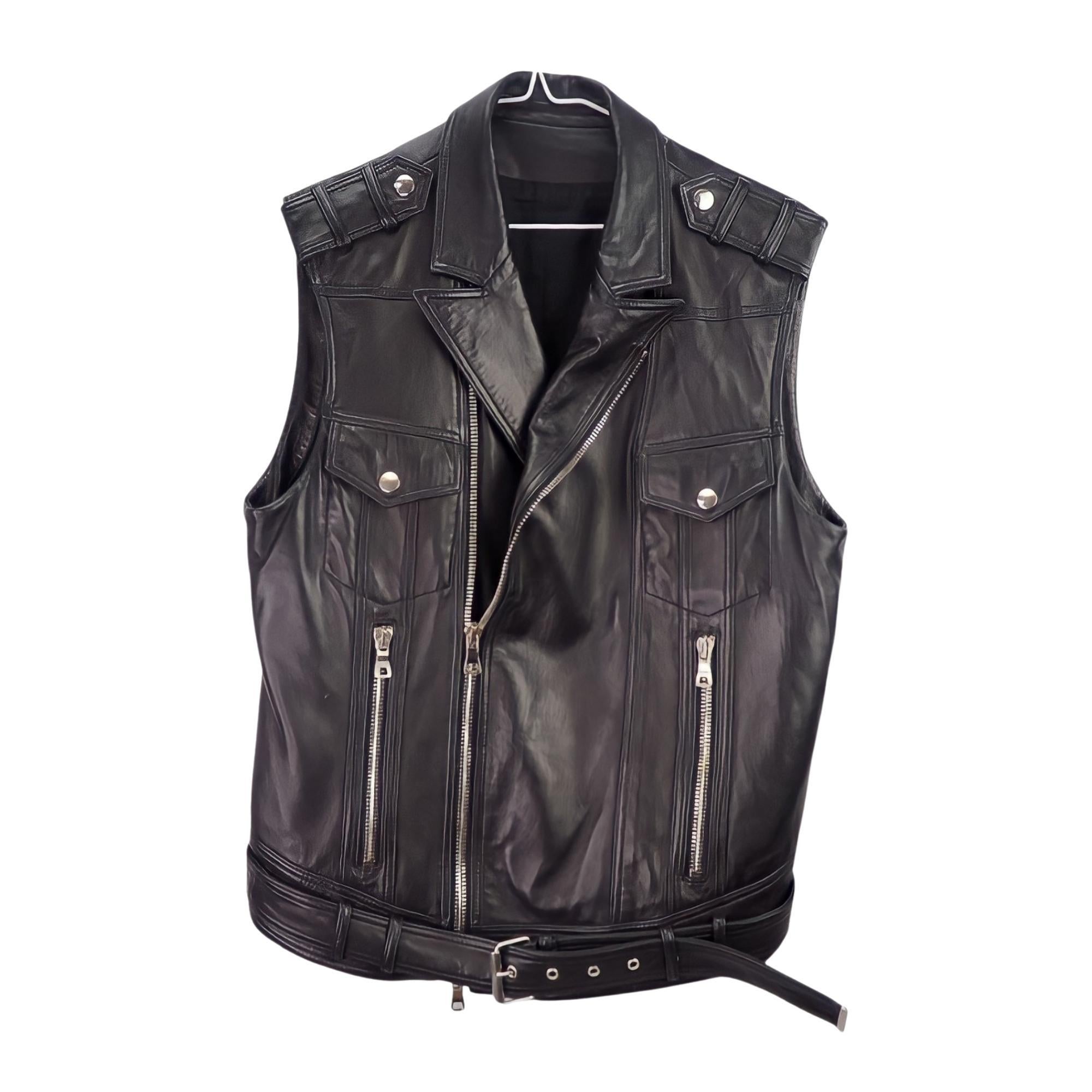 Women's or Men's Balmain Black Lambskin Sleeveless Biker Jacket (Large) For Sale