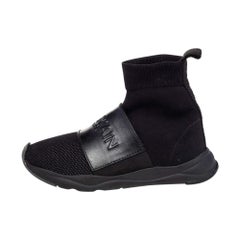 Balmain Black Leather And Knit Fabric Cameron High Top Sneakers Size 35