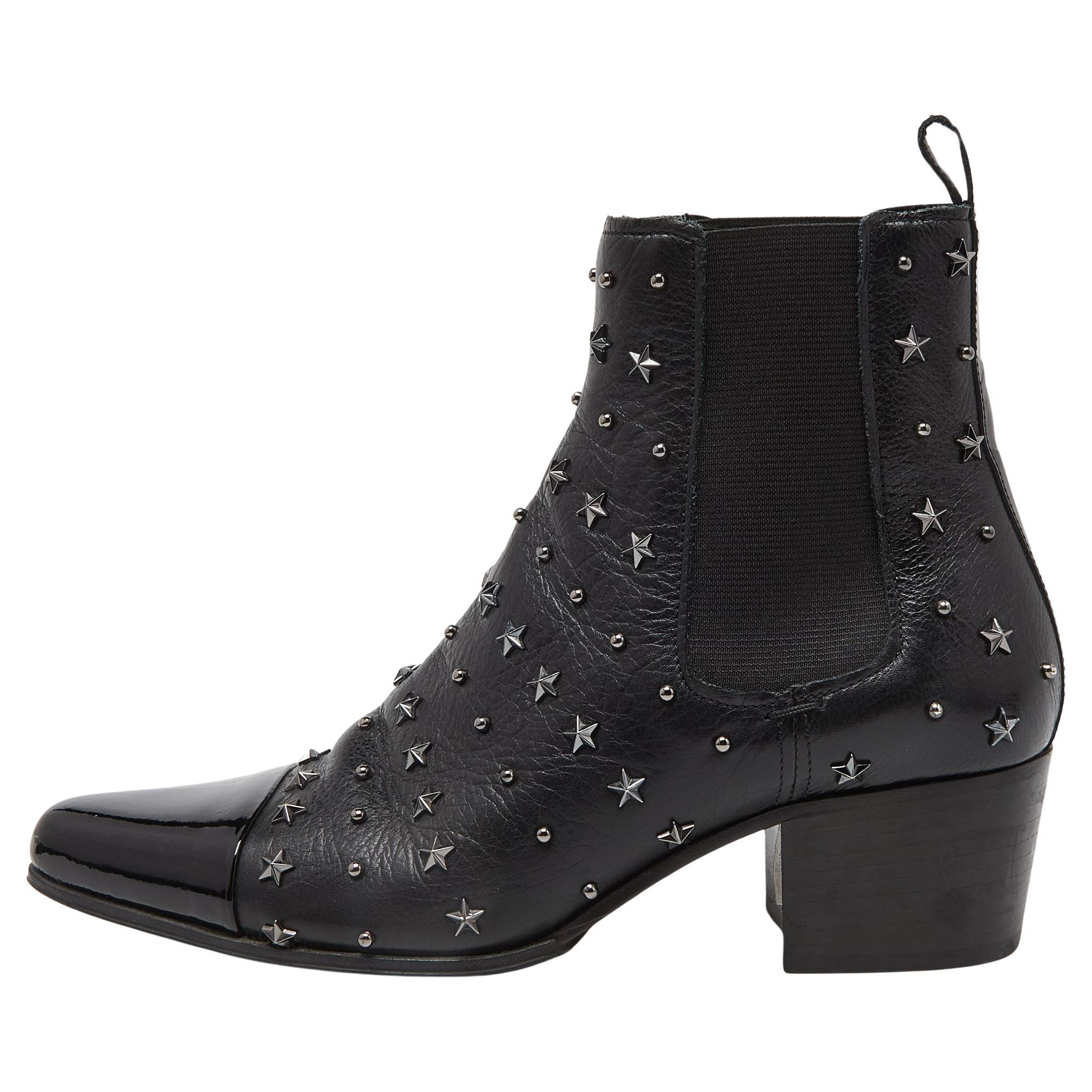 Balmain Black Leather and Patent Studded Ankle Boots Size 39 For Sale