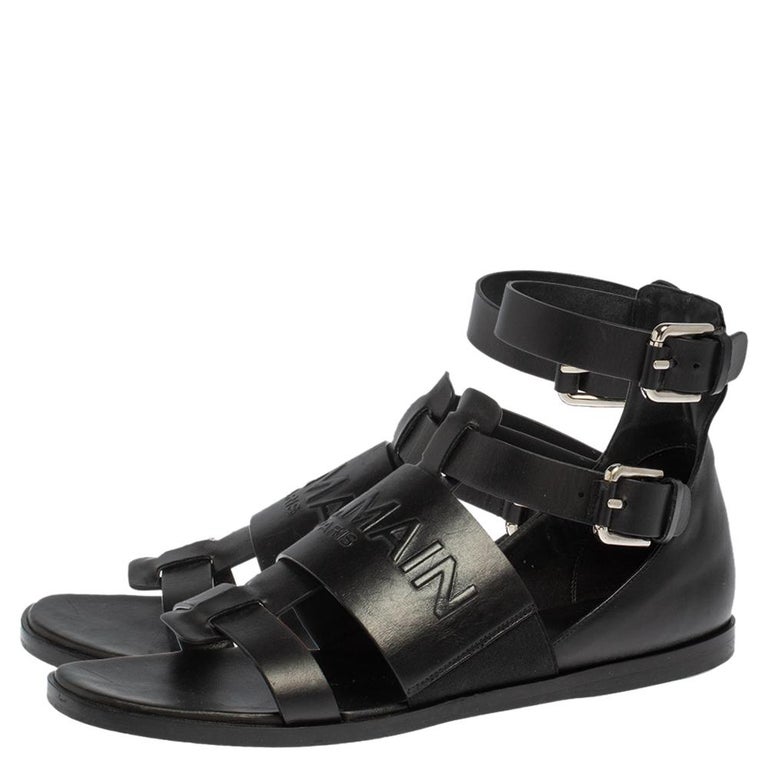 Balmain Black Leather Chris Embossed Logo Flat Sandals Size 41 at 1stDibs
