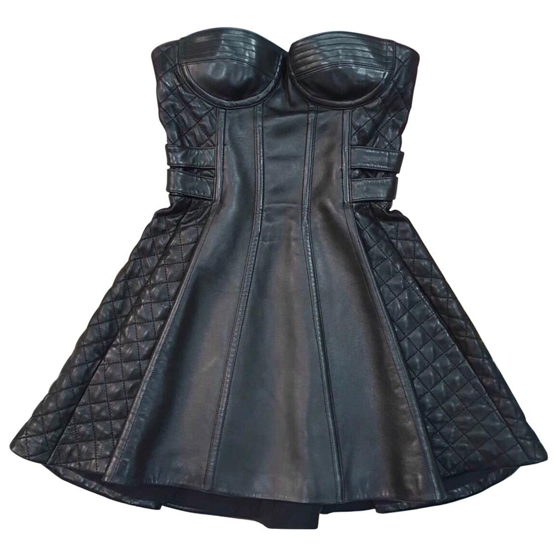 Balmain Black Leather Corset Mini  Dress 