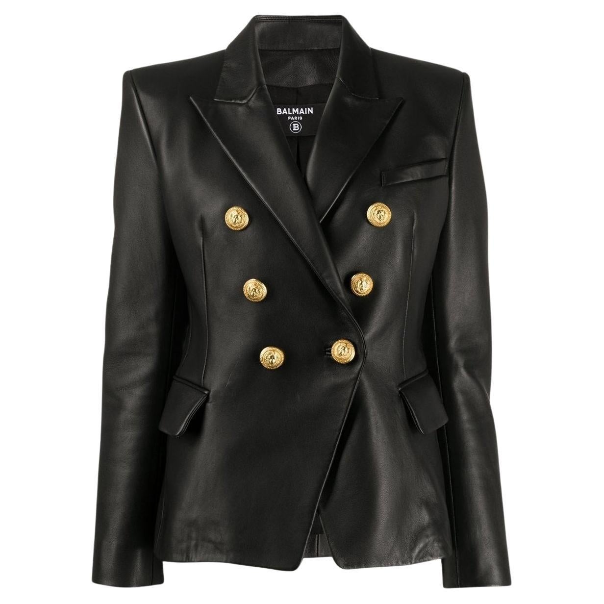 Balmain Black Leather Double-Breasted Jacket FR 42 For Sale