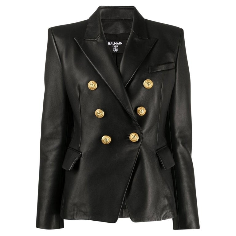 Balmain Black Leather Double-Breasted Jacket FR 42 For Sale at 1stDibs |  black double breasted suit with gold buttons