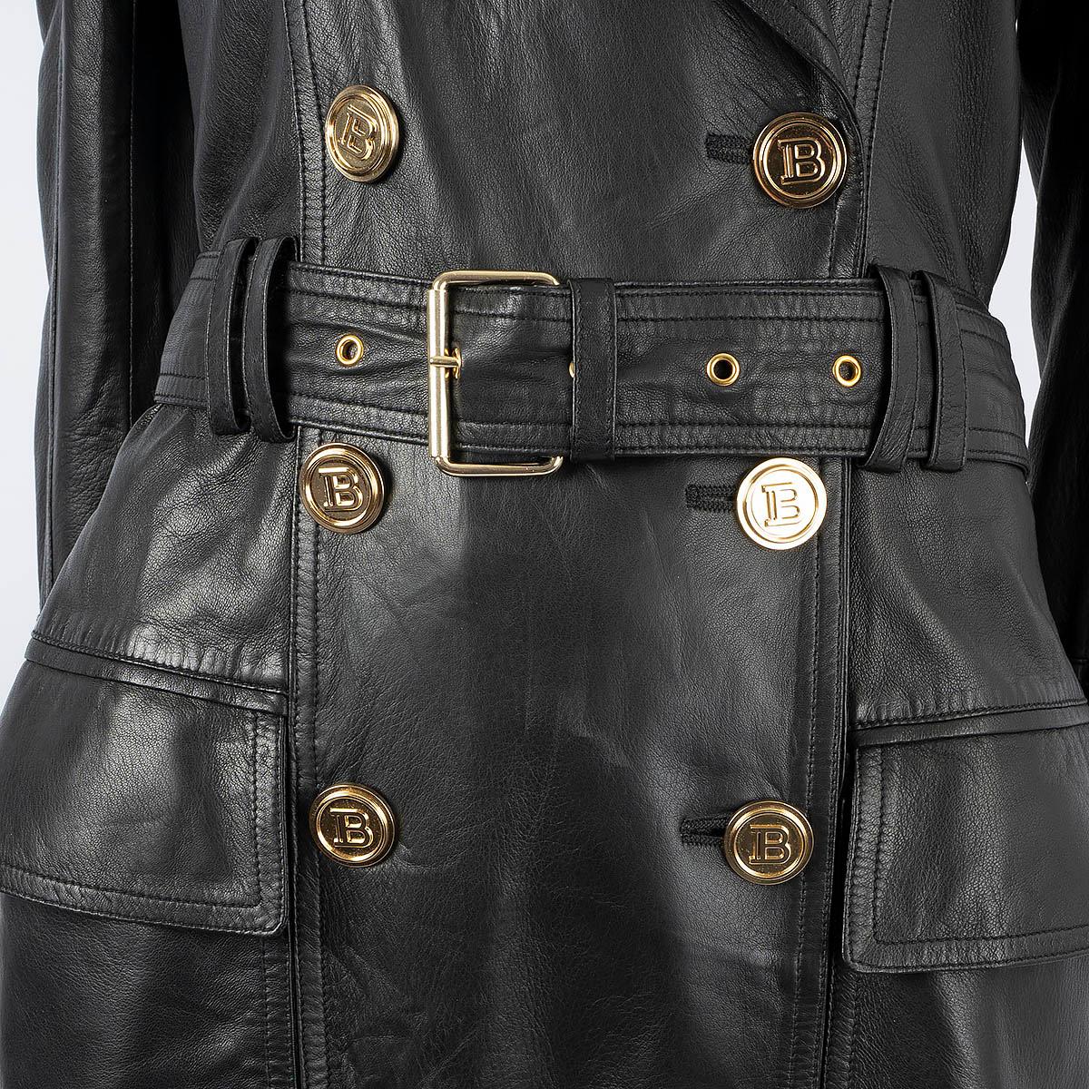 BALMAIN black leather DOUBLE BREASTED TRENCH Jacket 38 S For Sale 1