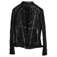 Balmain Black Leather Front Open Belted Waist Detail Moto Biker Jacket S
