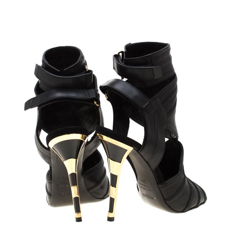 Balmain Black Leather Kali Cut Out Ankle Length Sandals Size 36.5 For ...