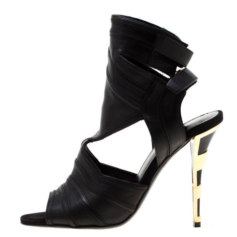 Women's Balmain Black Leather Kali Cut Out Ankle Length Sandals Size 36.5 For Sale