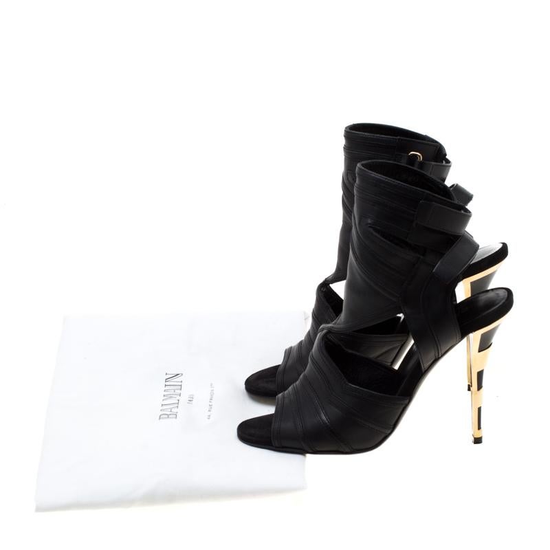 Balmain Black Leather Kali Cut Out Ankle Length Sandals Size 36.5 For Sale 3