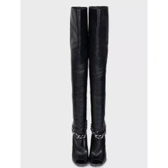 Balmain Black Leather Open-Toe Over-the-Knee Boots Size 38