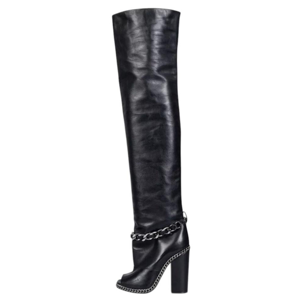 Balmain Black Leather Open-Toe Over-the-Knee Boots Size 38 For Sale