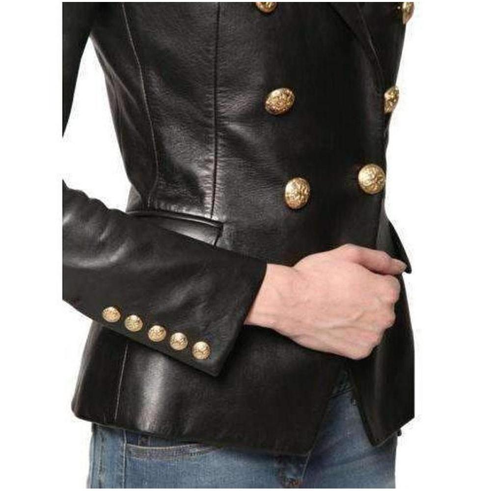 Women's Balmain Black Leather Peaked Lapel Tailored Blazer Jacket For Sale