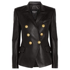 Balmain Black Leather Peaked Lapel Tailored Blazer Jacket