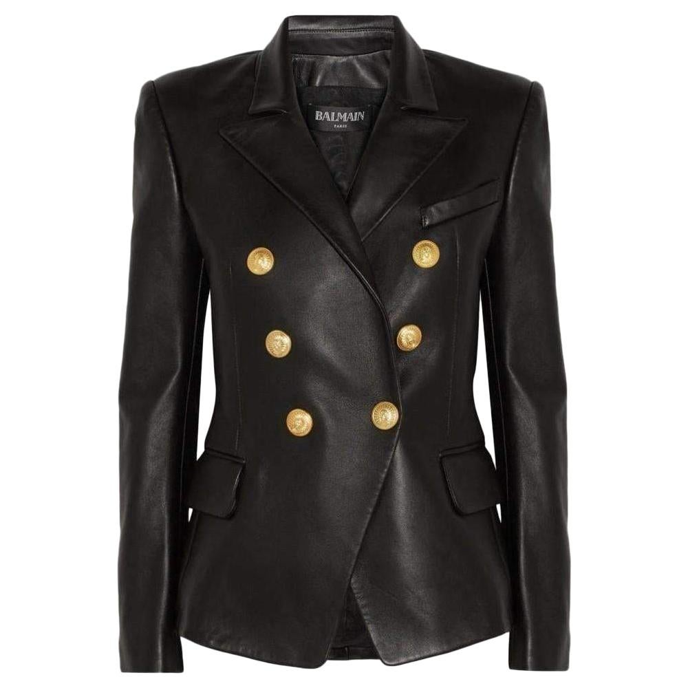 Balmain Black Leather Peaked Lapel Tailored Blazer Jacket For Sale